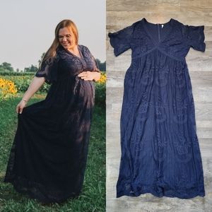 PinkBlush Navy Lace Mesh Overlay Plus Maternity Maxi Dress